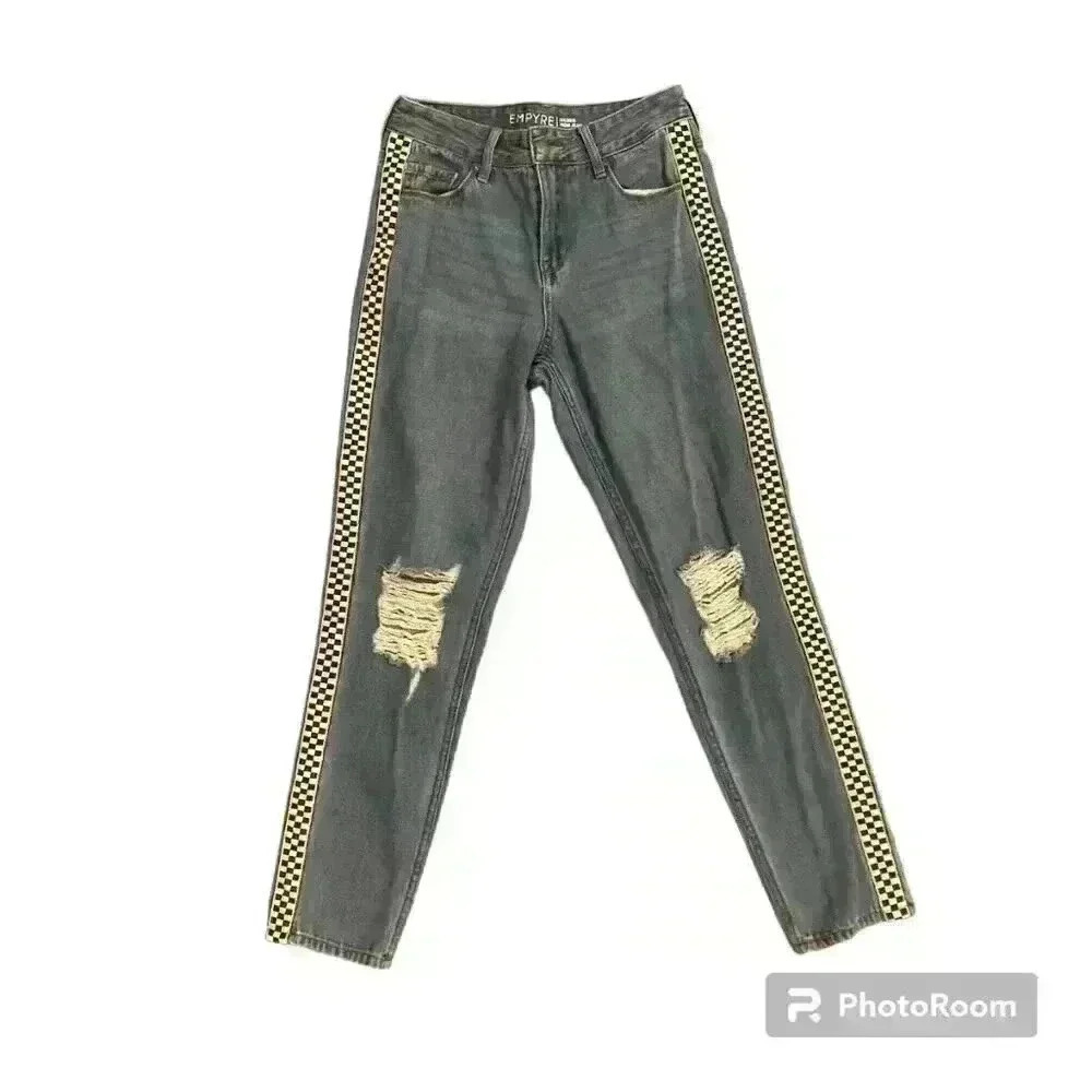 Empyre Eileen Checkered Striped Medium Wash Mom Jeans Size 0 Zumiez Distressed - Picture 4 of 15